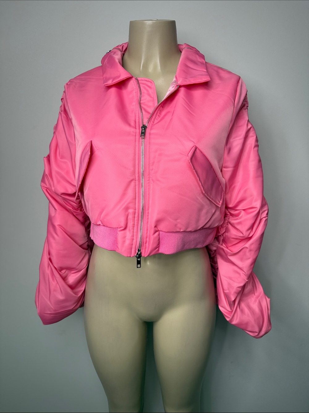 Cropped Pink Women's Bomber Jacket - Zip Front